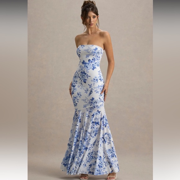 Club L London Callie Dress - BLUE PORCELAIN PRINT BANDEAU FISHTAIL MAXI DRESS - Picture 1 of 9